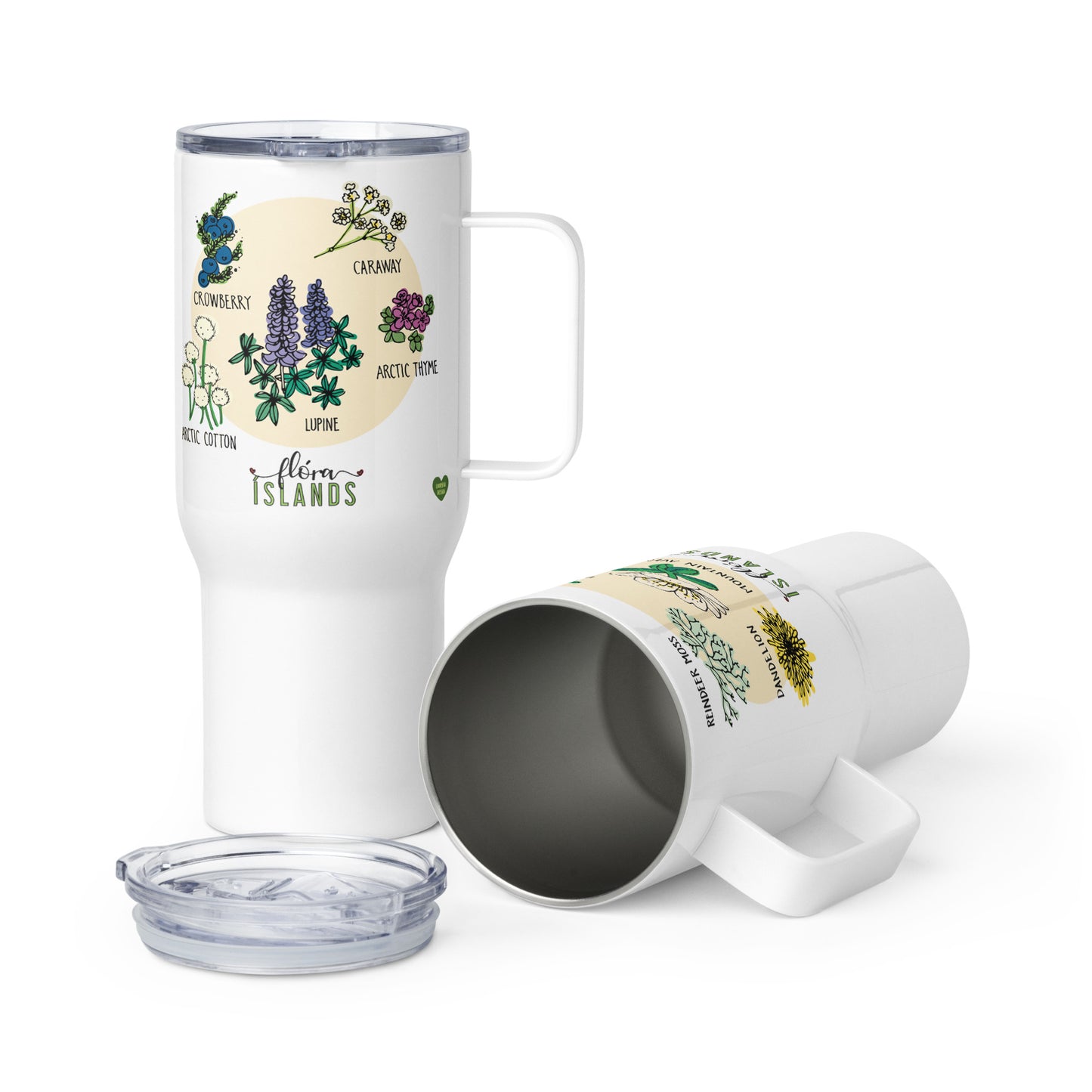 Travel mug with a handle inspired by Icelandic Flora