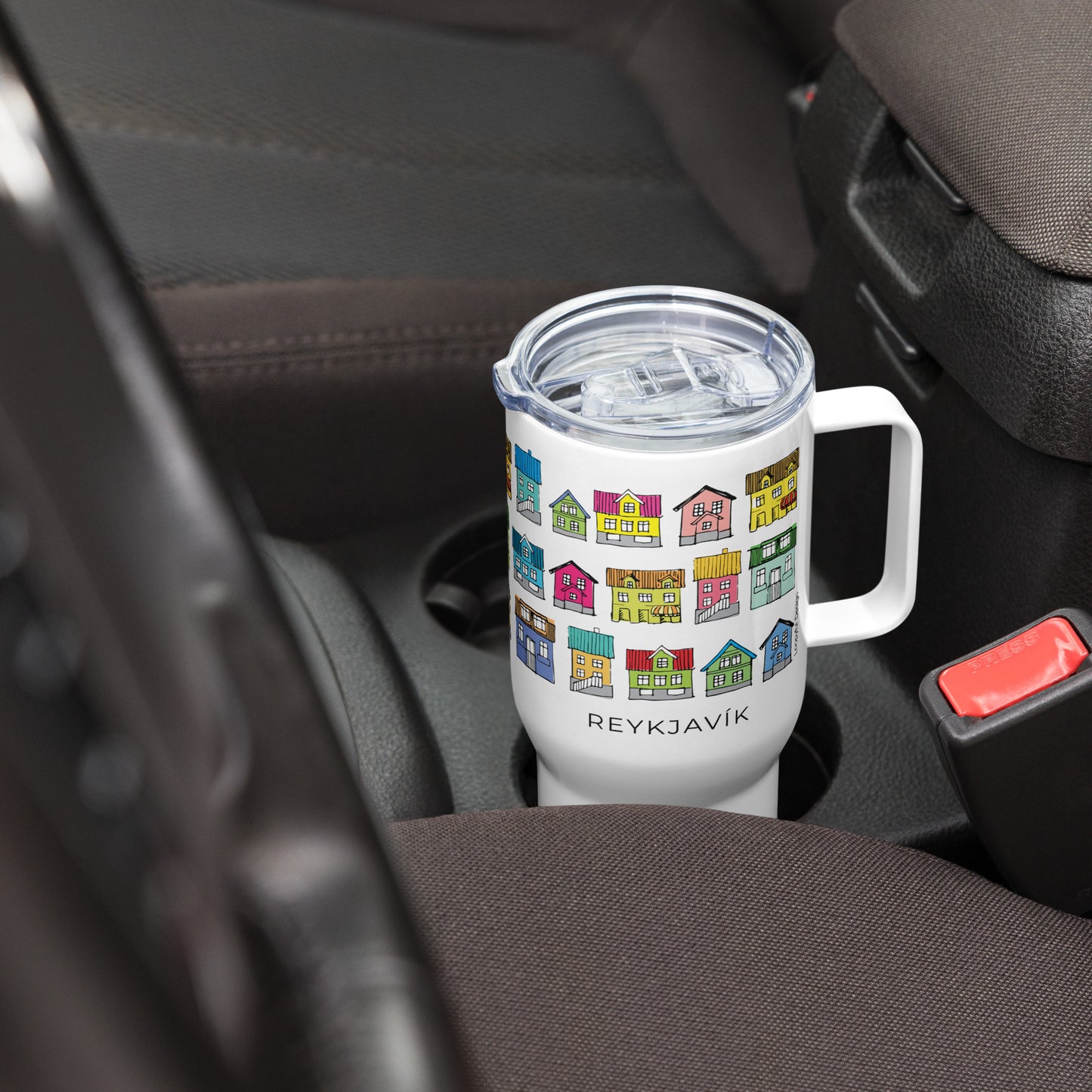 Travel mug with a handle with the Houses of Reykjavik doodles