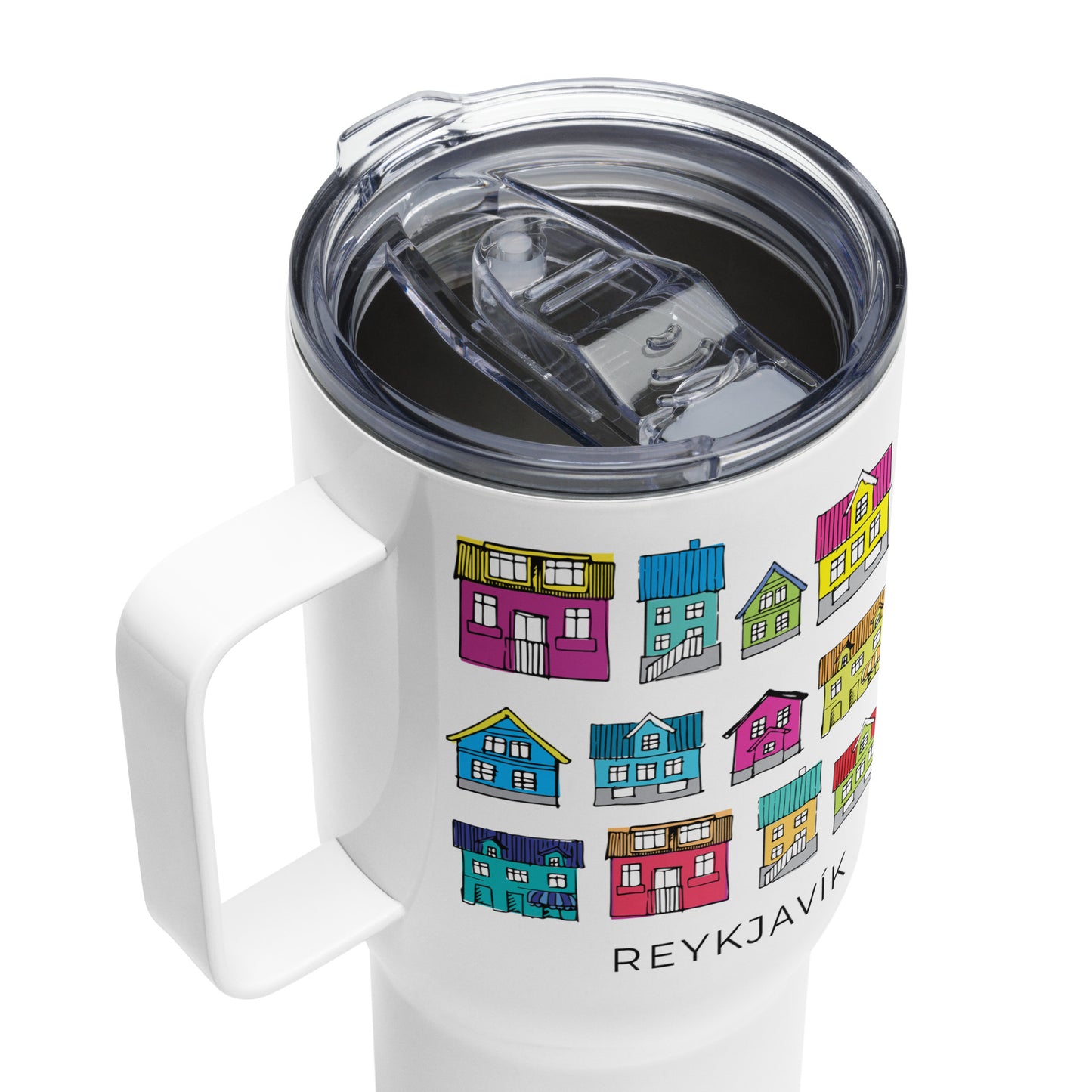 Travel mug with colorful house pattern and 'Reykjavik' text on a white background
