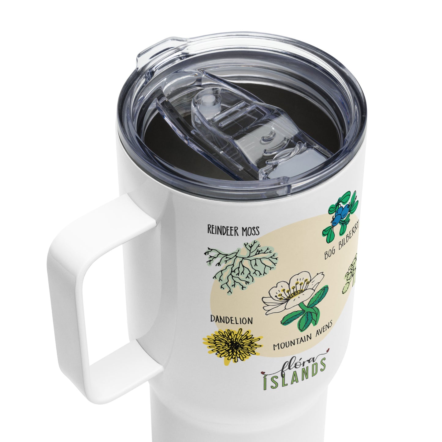 Travel mug with a handle inspired by Icelandic Flora