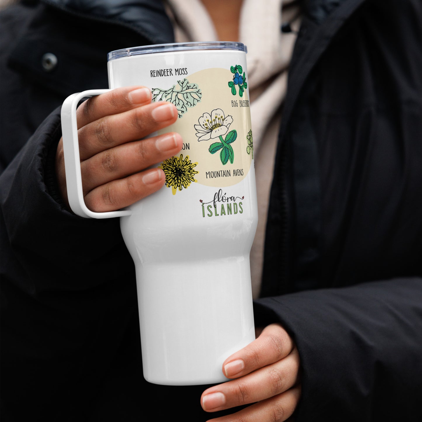 Travel mug with a handle inspired by Icelandic Flora