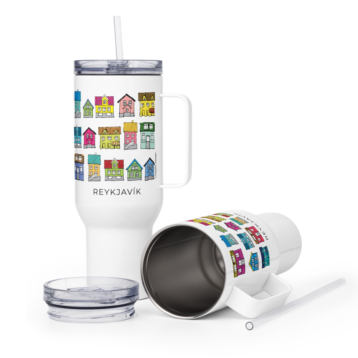 White tumbler with colorful houses of Reykjavik design on a white background