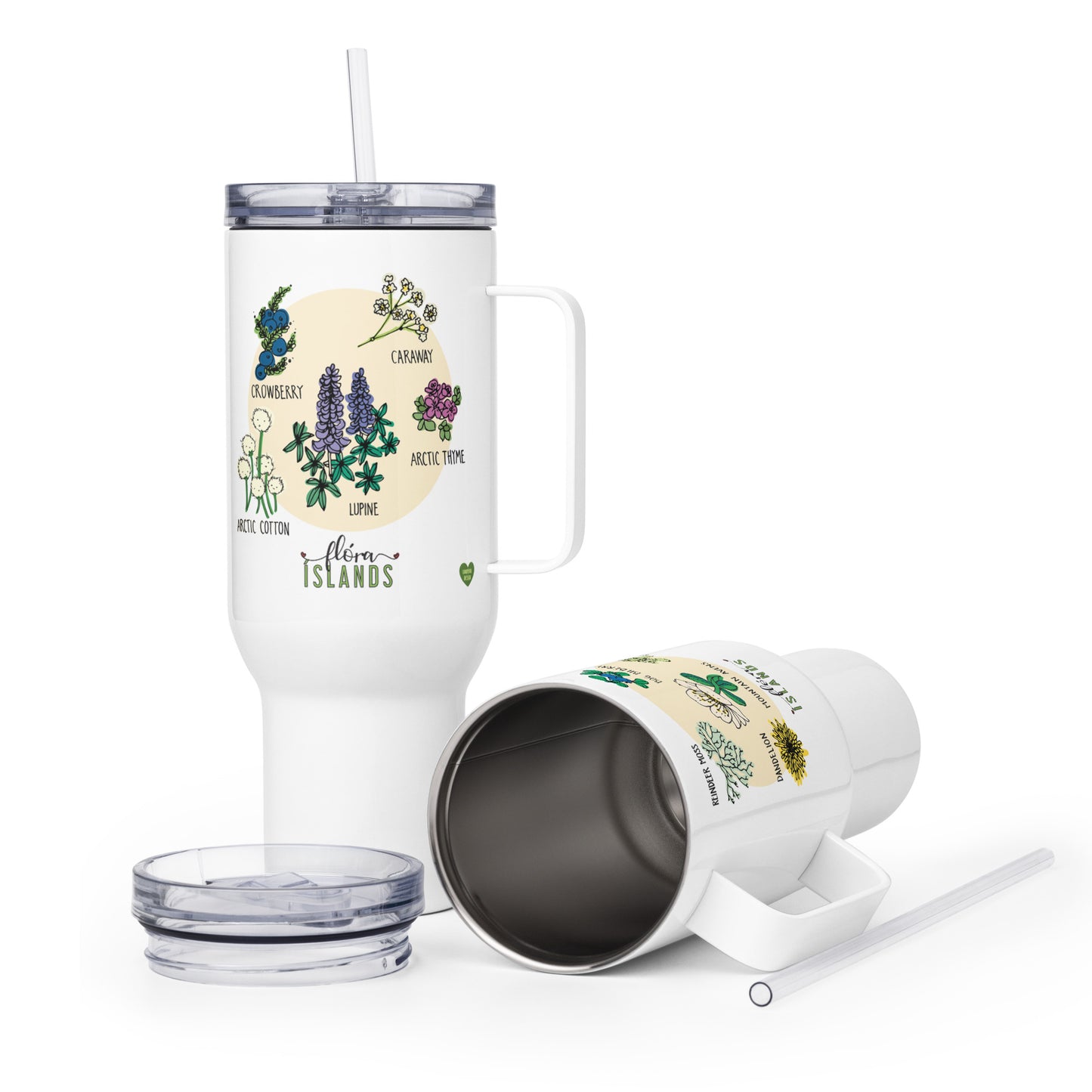 Travel mug with a handle inspired by Icelandic Flora