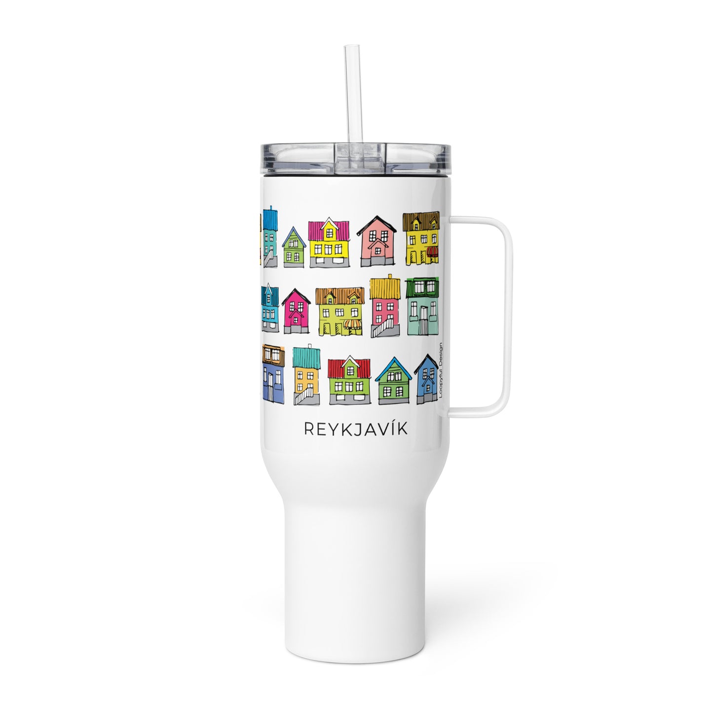 White tumbler with colorful houses of Reykjavik pattern on a white background