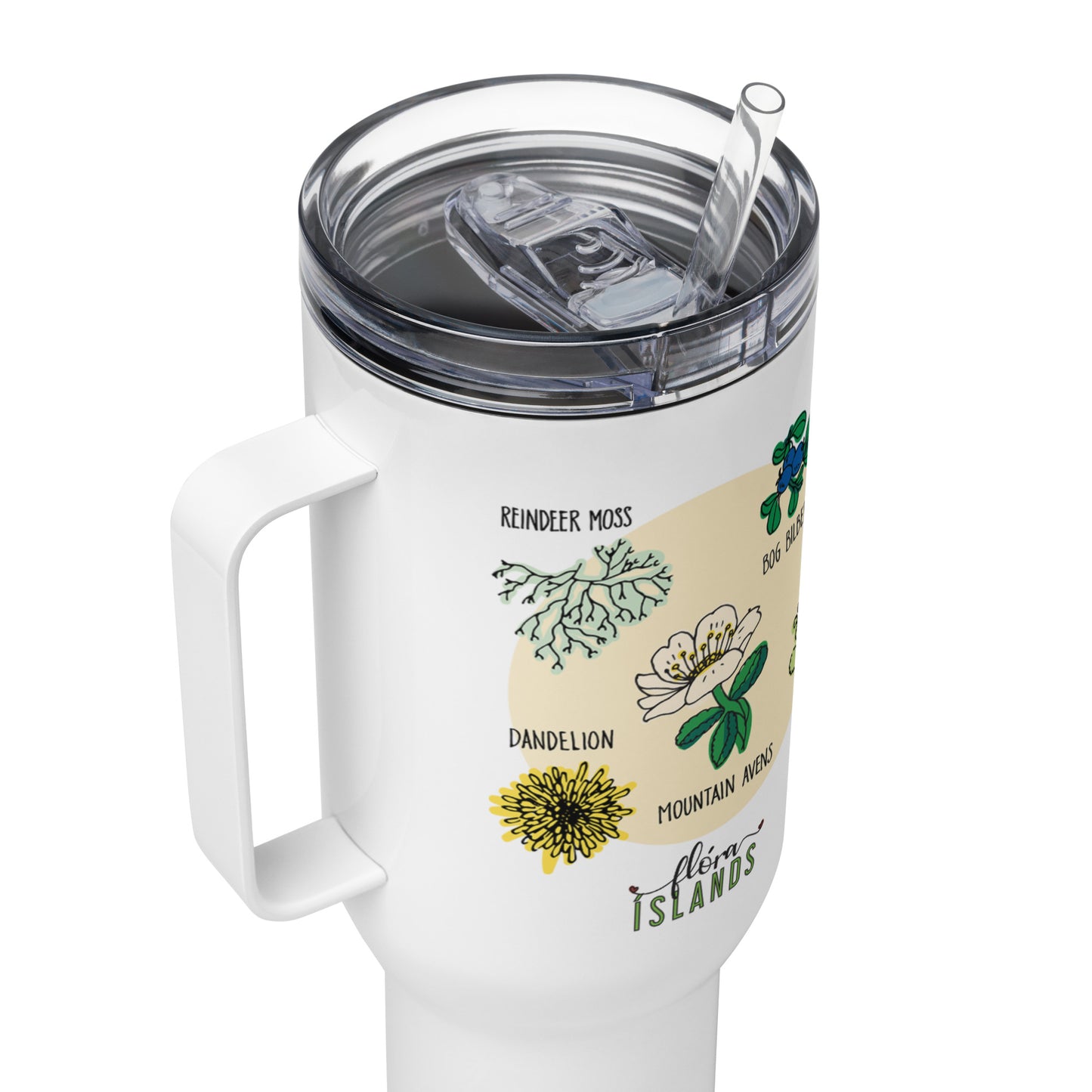 Travel mug with a handle inspired by Icelandic Flora