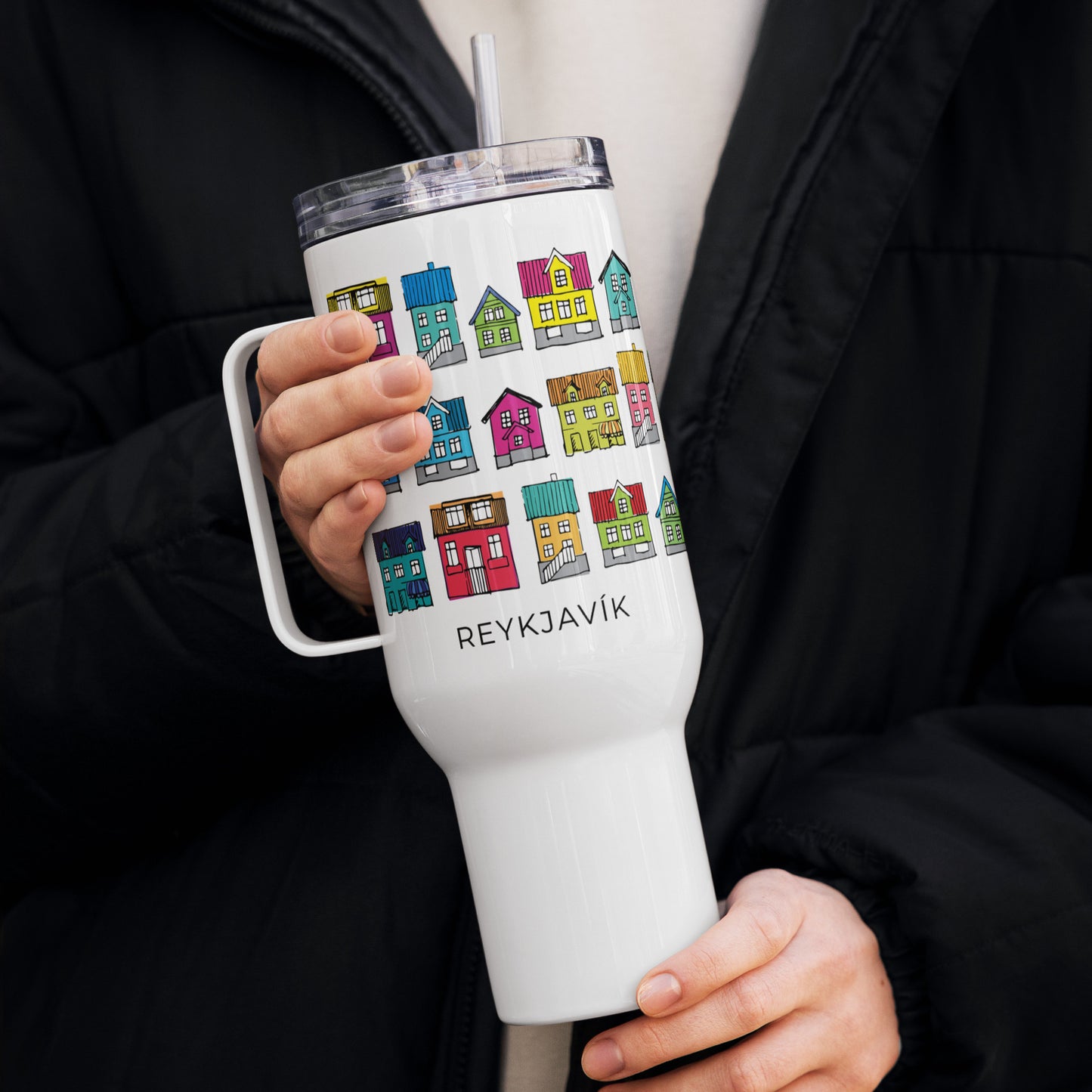 Insulating travel mug with the houses of Reykjavik by Loopyful Design