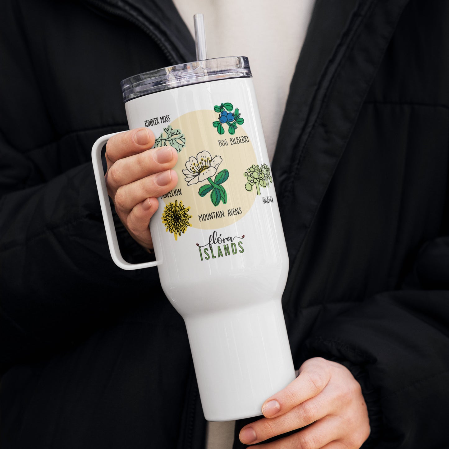 Travel mug with a handle inspired by Icelandic Flora