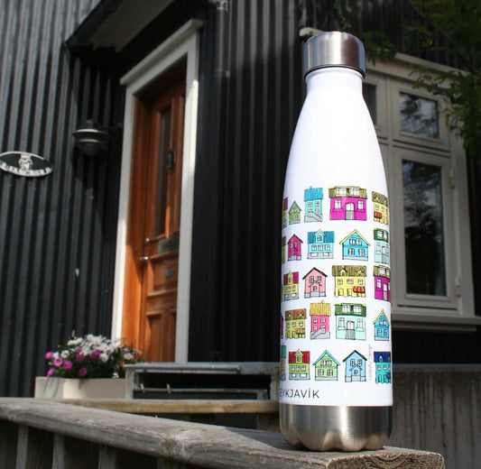 Stainless steel water bottle with Reykjavik houses illustration, double wall insulated