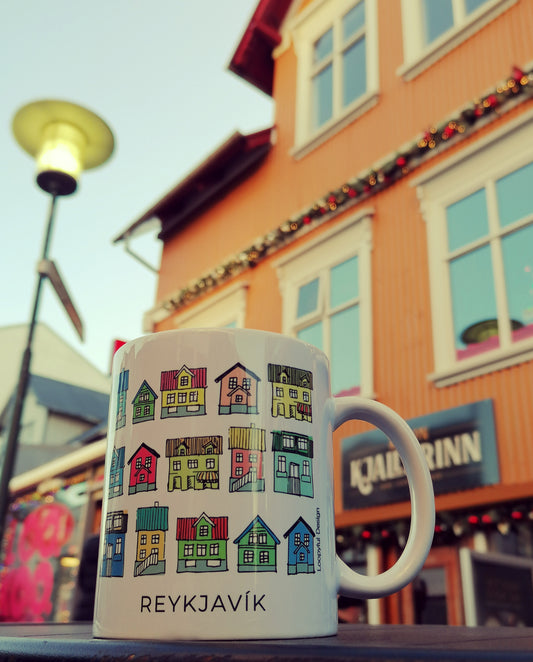 Ceramic Mug with colorful houses or Reykjavik pattern 
