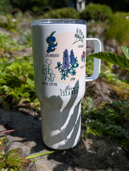 Travel mug with a handle inspired by Icelandic Flora
