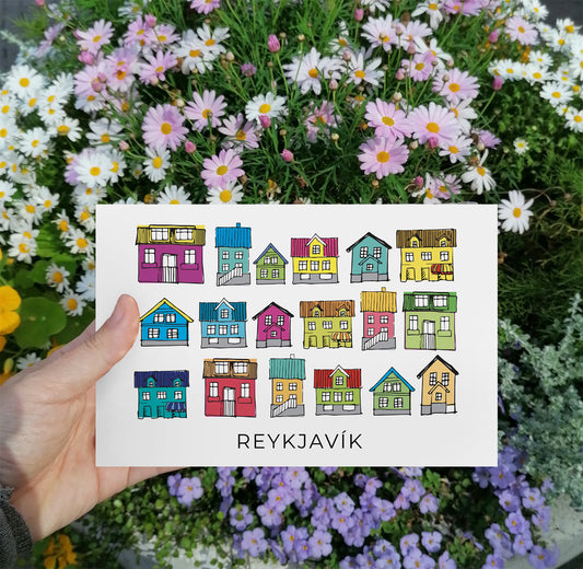 Postcard with illustration of the Houses of Reykjavik