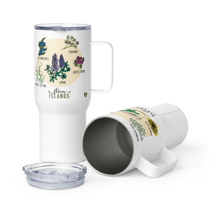 Travel mug with a handle inspired by Icelandic Flora