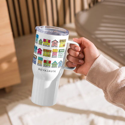 Travel mug with a handle with the Houses of Reykjavik doodles