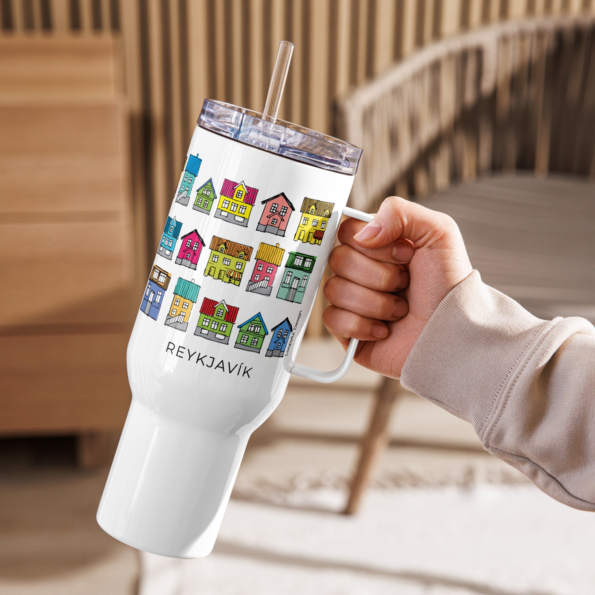 Insulated Travel mug with colorful design of the houses of Reykjavik